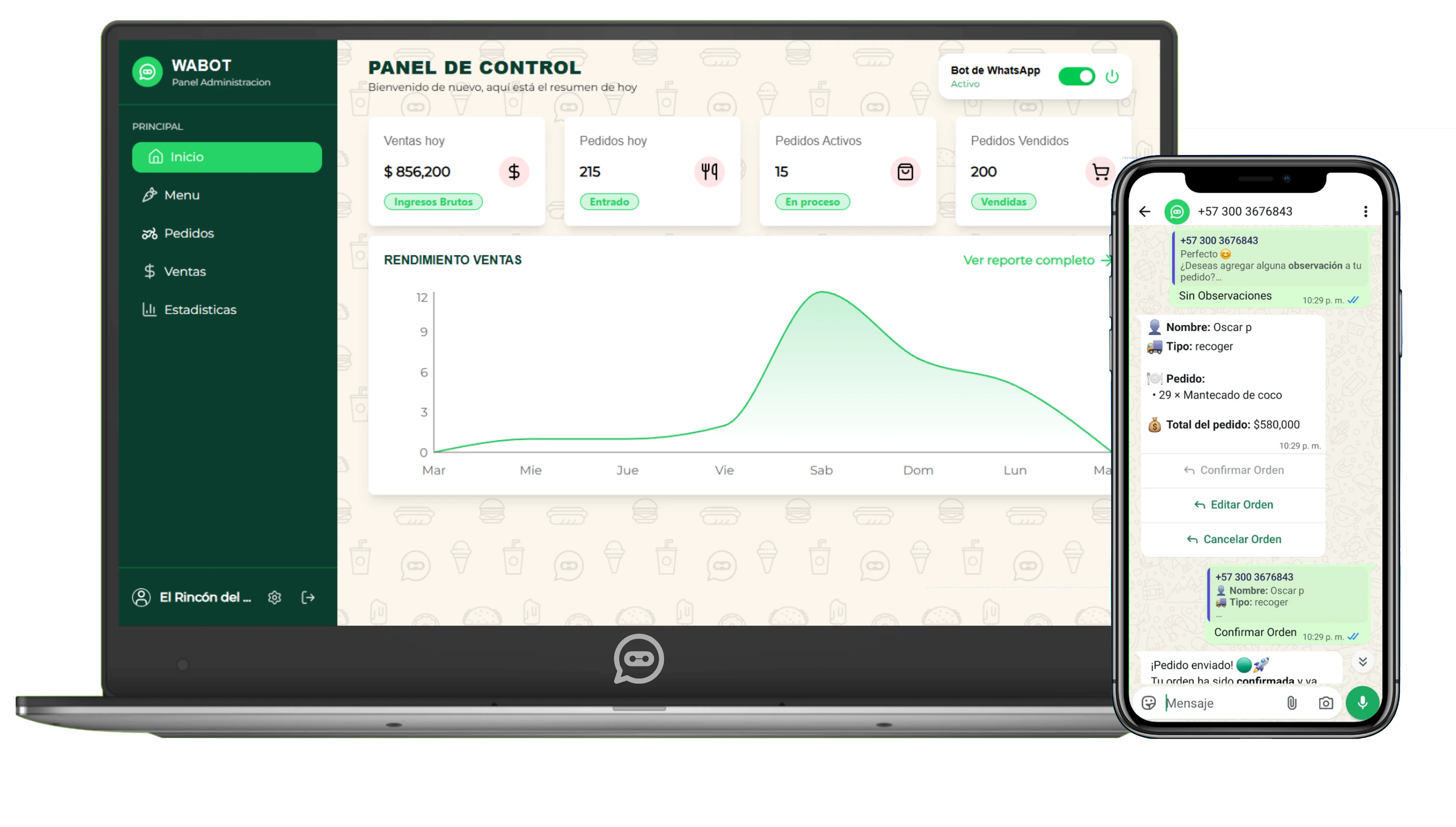 Chat con bot de WhatsApp mostrando pedidos automatizados